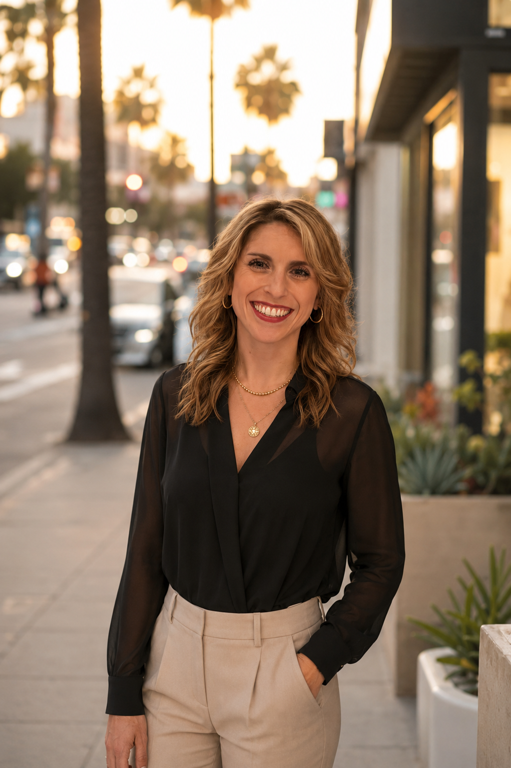 Tamara Botwinick, Principal of Serving by Irving West, on a Los Angeles street at golden hour